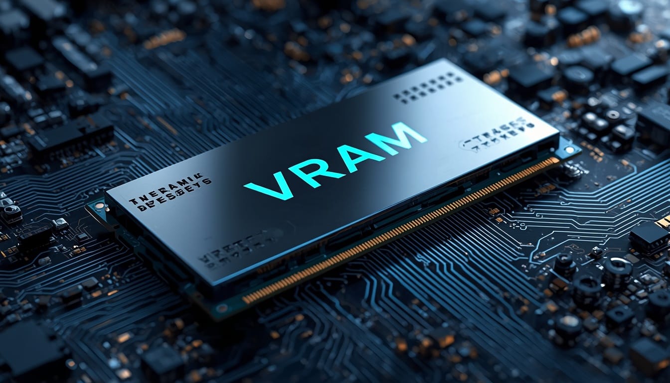 A high-resolution, close-up photograph of a VRAM chip featuring intricate circuitry, sleek lines, and a pristine metallic sheen.