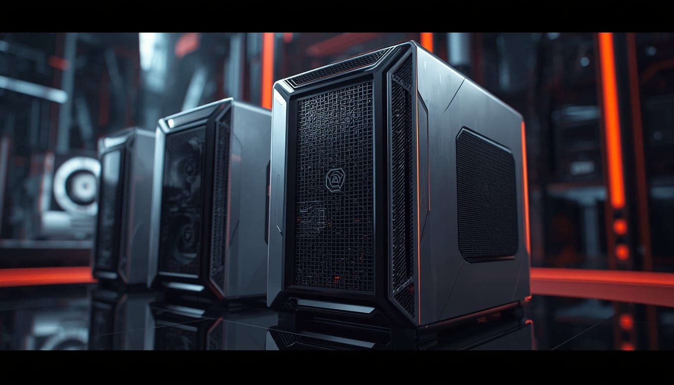 A high-resolution digital illustration of a sleek, futuristic Ryzen AI Max system featuring metallic silver and black casing with intricately designed modern circuitry.