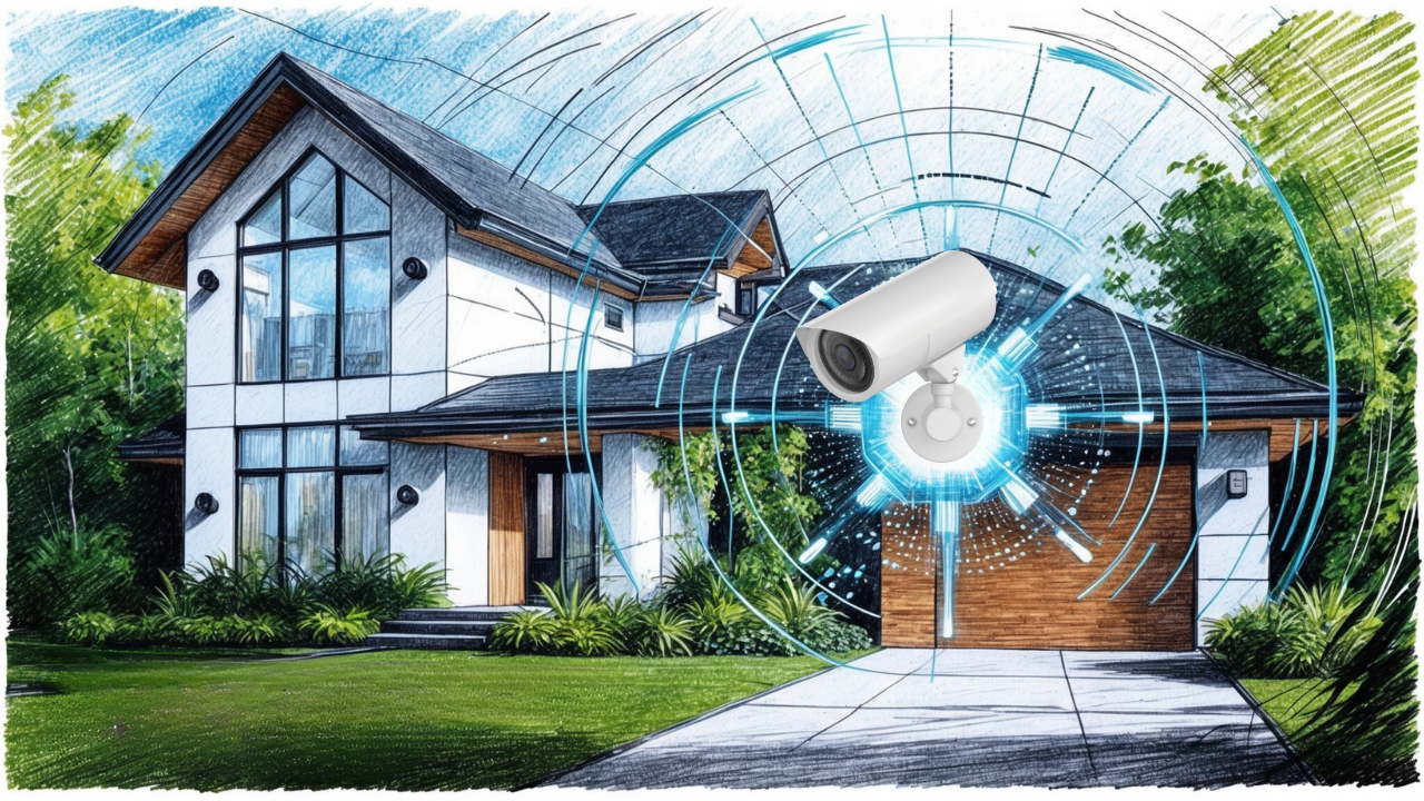 Modern home with security camera over looking front yard, with concentric blue rings radiating outwards