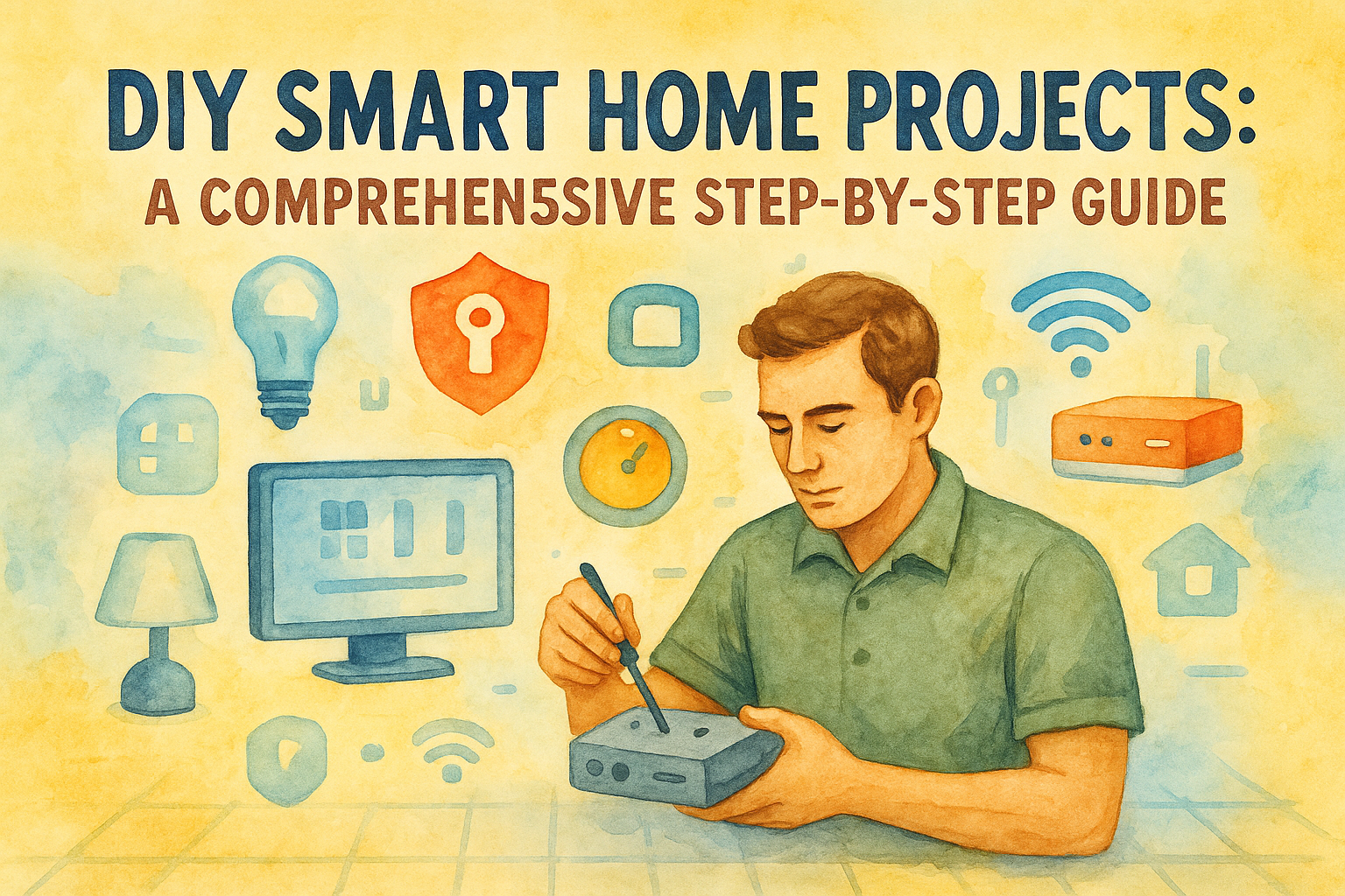 Watercolor of a man assembling a smart device, surrounded by smart home icons like Wi-Fi, lights, and security