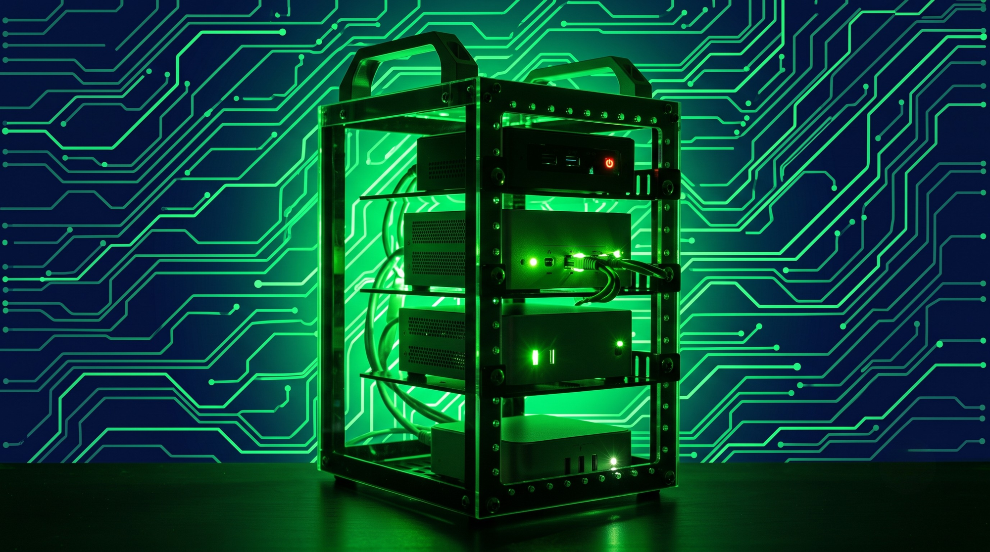 A close-up photograph of a compact, custom-built mini server rack in a dimly lit environment.