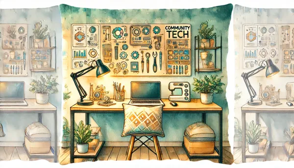 Watercolor of a cozy tech workspace with a laptop, DIY gadgets, and community-inspired graphics symbolizing collaboration