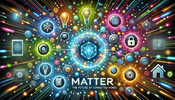 Bright, dynamic illustration of unified IoT devices connected by the Matter protocol