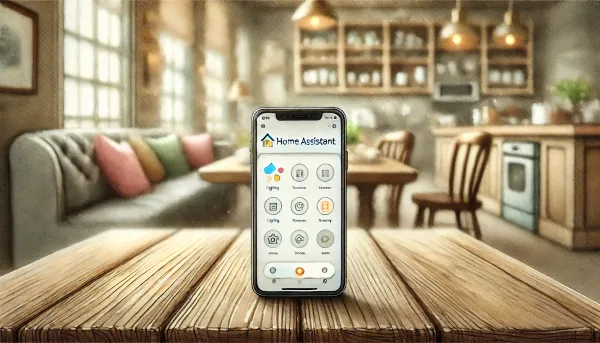 Close-up of smartphone displaying Home Assistant dashboard in cozy watercolor-style home setting