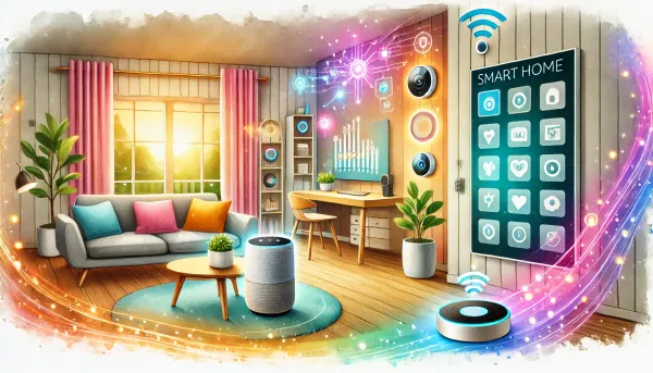 Watercolor of smart home with interconnected devices, smart speaker, lighting, and thermostat in a cozy living room