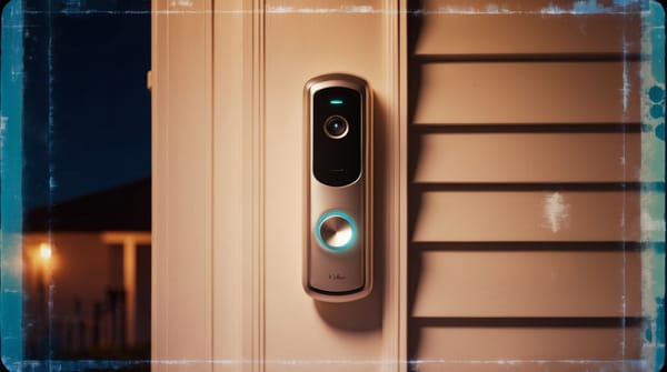 Close-up of a smart doorbell glowing at night on the exterior of a house
