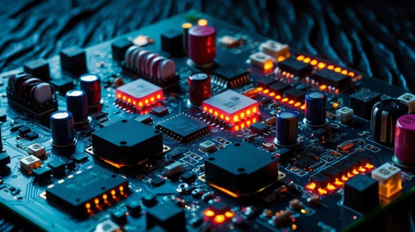 Intricate electronic circuit board with various  resistors, capacitors, and microchips, glowing with vibrant LEDs
