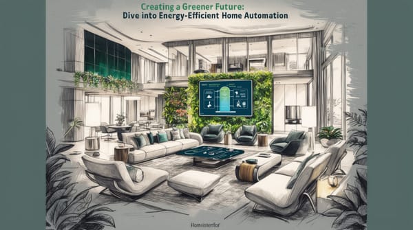 Modern eco-friendly living room with green wall, energy-efficient automation display, and comfortable seating