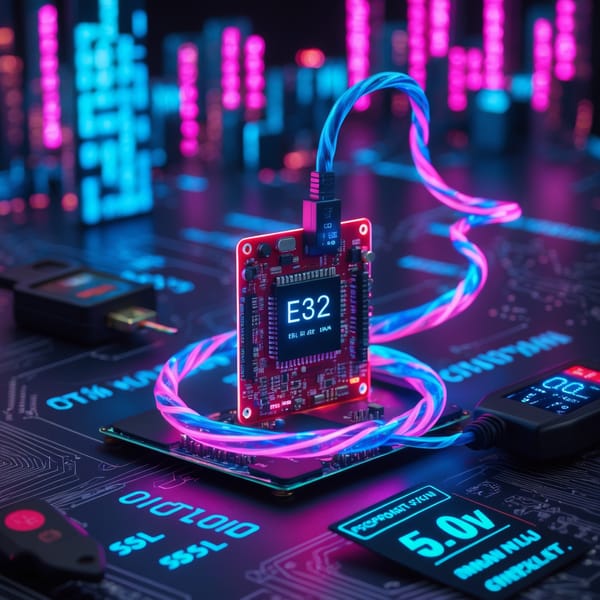 Red ESP32 circuit board with glowing neon cables in a high-tech, futuristic setting.