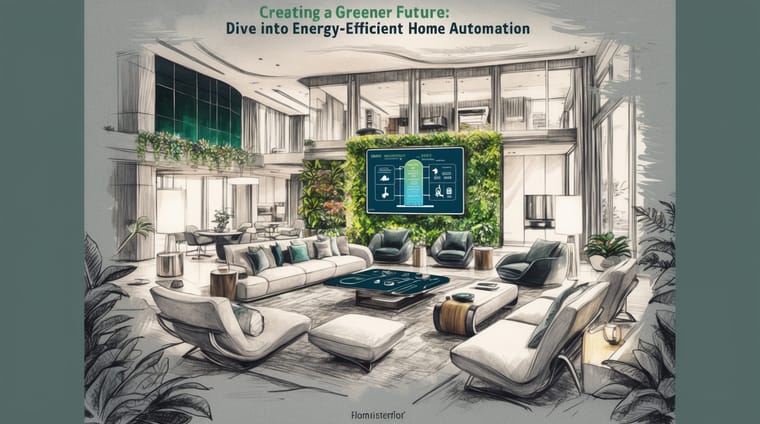 Modern eco-friendly living room with green wall, energy-efficient automation display, and comfortable seating