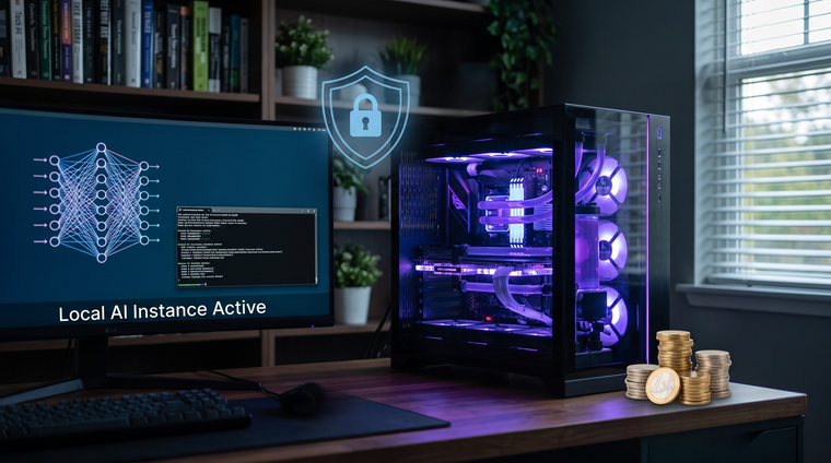 High-end desktop PC running a local AI instance, featuring icons for privacy, control, and cost savings