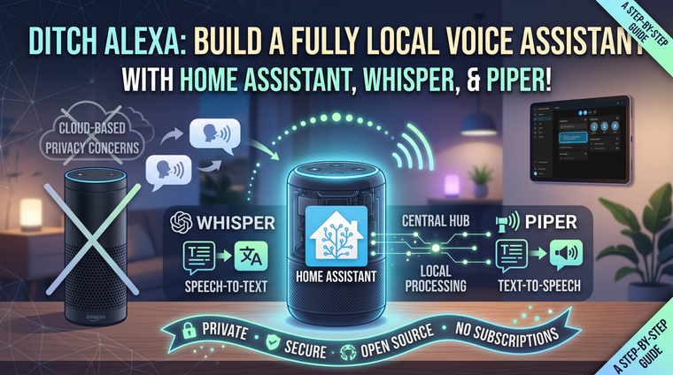 An informational banner graphic titled "DITCH ALEXA: BUILD A FULLY LOCAL VOICE ASSISTANT WITH HOME ASSISTANT, WHISPER, & PIPER!"